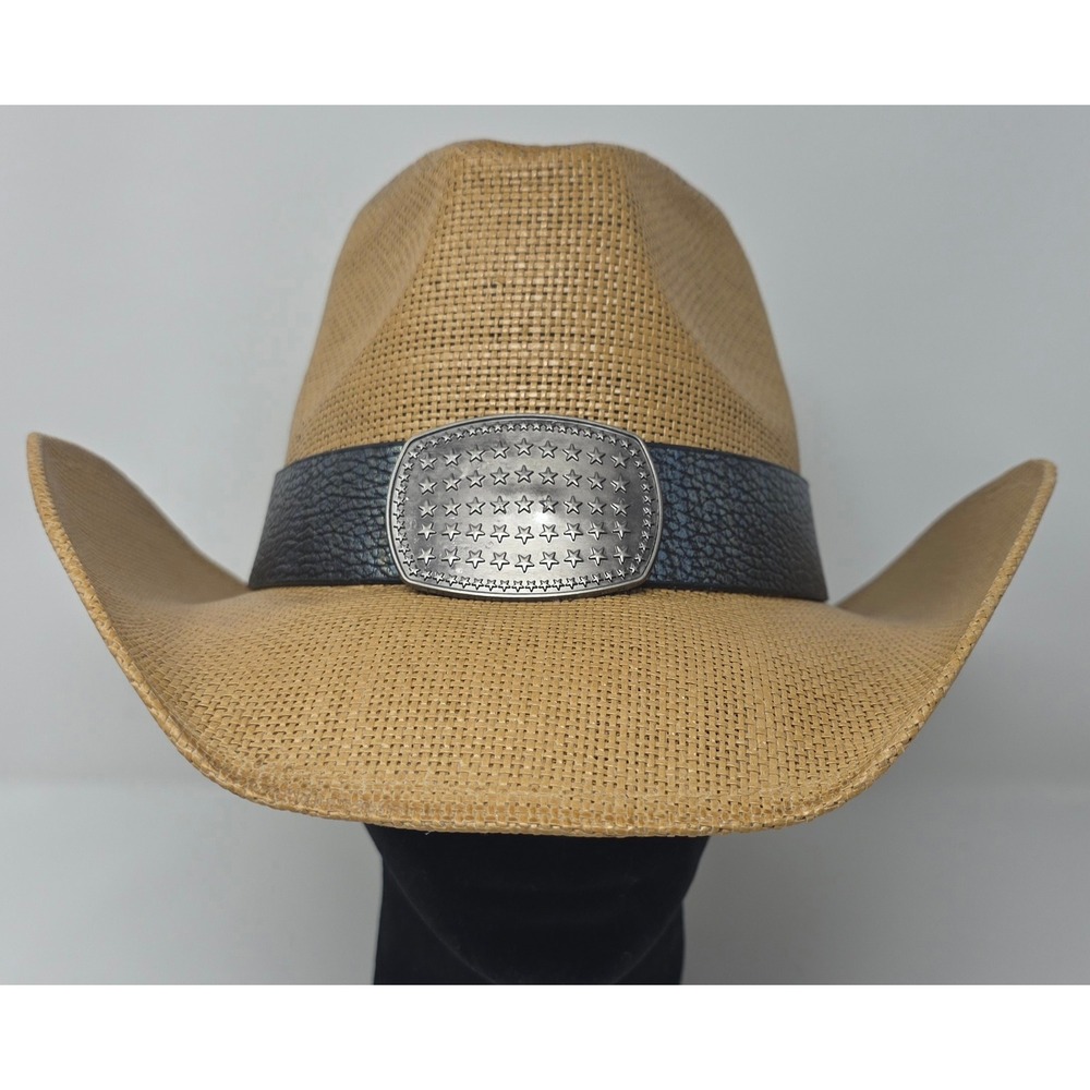 COG New York Cowboy Hat 7 1/4 Star Buckle Natural Woven Hard Straw Western NWT